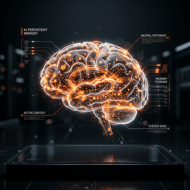 A glowing holographic brain representing the persistent memory of AI agents