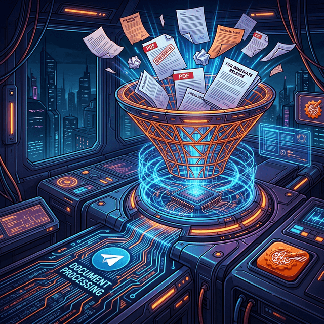 Multiple documents and press releases being funnelled into a glowing AI processor indicating content extraction