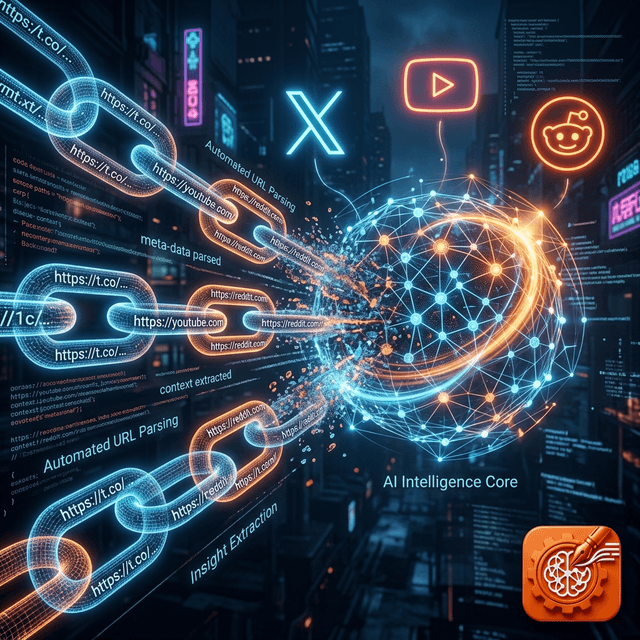 Holographic URL chain links dissolving into an AI intelligence core alongside Twitter and YouTube icons